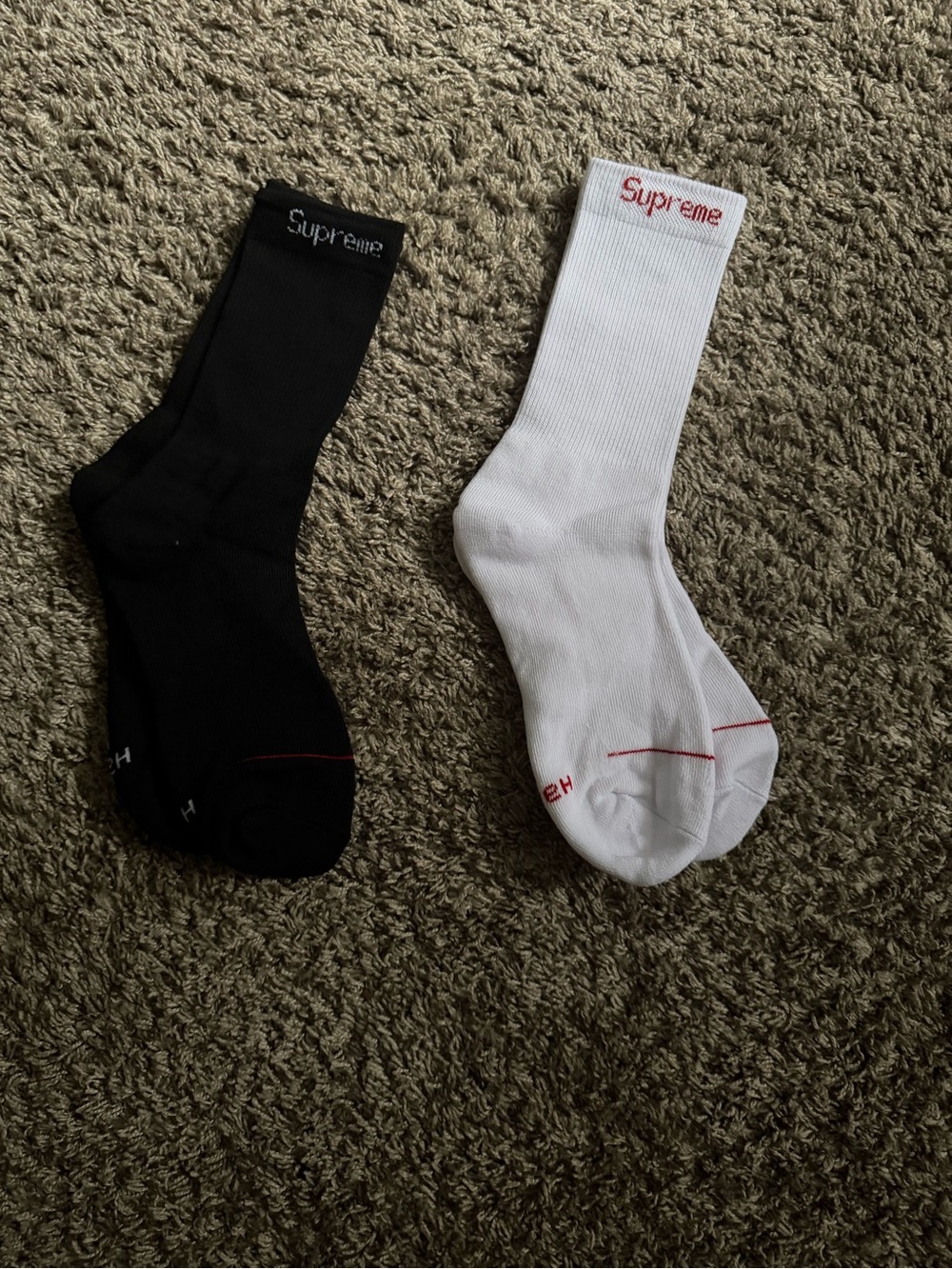 Supreme Black & White Crew Socks with Red Logo